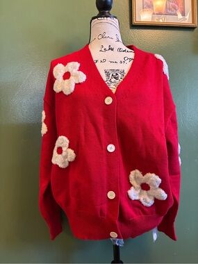 CIDER Red Floral Button-Up Women's Sweater Cardigan SIZE XL